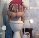 A Russian woman squats over a toilet while taking a piss and a hard, wide shit at the same moment. Vertical format video. About 2 minutes.